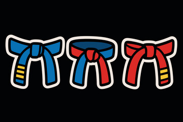 Set of blue and red martial arts belts on black background in bold style