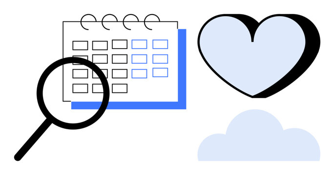 Magnifying glass searches calendar, heart symbolizes care or balance, cloud hints tech or inspiration. Ideal for scheduling, self-care, organization, technology, productivity, mindfulness simple