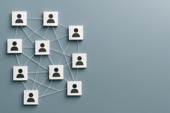 Interconnected network of people icons on square tiles linked with lines on blue background representing communication and teamwork concept. Ai generative