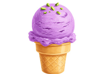 Isolated lavender ice cream cone with chopped pistachios, dessert, summer food treat