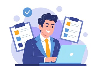 Man working on laptop with checklist