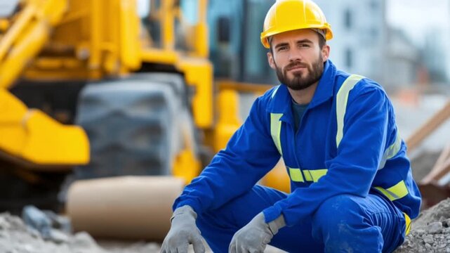 A construction worker wearing a safety helmet and orange vest communicating through a walkie talkie at an outdoor worksite