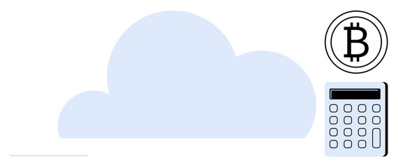 Cloud shape, Bitcoin logo, and calculator represent cryptocurrency management, cloud computing, FinTech, blockchain, digital finance, online trading and innovation. Ideal for financial technology
