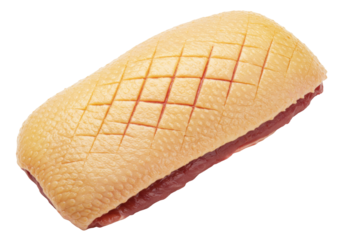 Isolated raw duck breast fillet, scored skin prepared to cook with shallow cross-hatch cuts