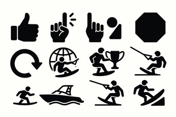Water sports icons: silhouette set featuring surfing, sailing, and water skiing