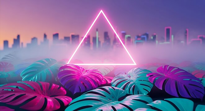 Vibrant neon triangle glows above tropical leaves against a misty cityscape backdrop at dusk