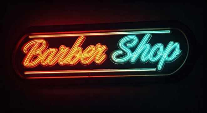 A neon sign, "Barber Shop," glows in red and blue against a dark background