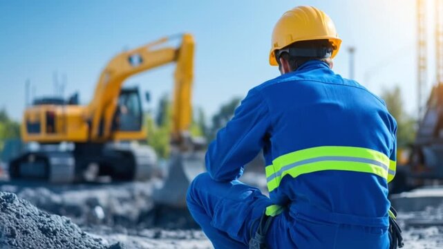 A construction worker wearing a safety helmet and orange vest communicating through a walkie talkie at an outdoor worksite