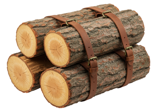 Isolated bundle of four cut logs held together with brown leather straps with buckles