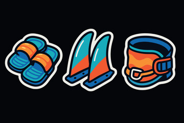 Obraz premium Colorful cartoon stickers of scuba diving equipment on black background