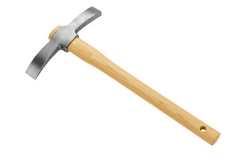 Isolated pick axe on light colored surface, tool with wooden handle, construction equipment