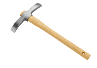 Isolated pick axe on light colored surface, tool with wooden handle, construction equipment