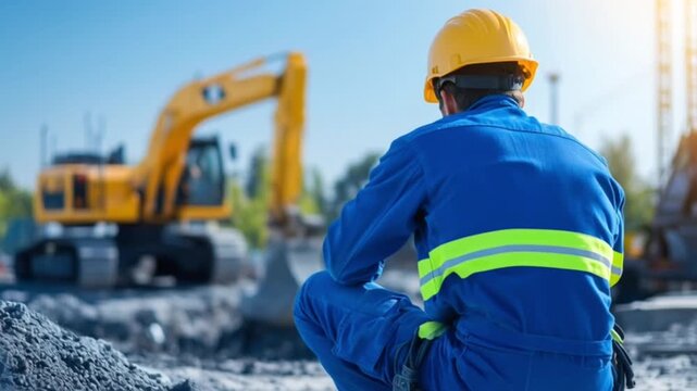 A construction worker wearing a safety helmet and orange vest communicating through a walkie talkie at an outdoor worksite