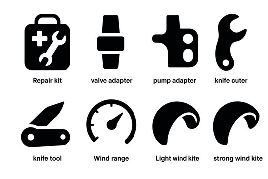Kiteboarding equipment silhouettes: essential tools and accessories icons