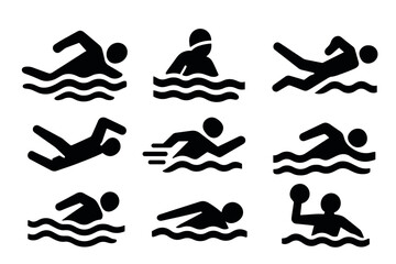Silhouette pictograms of swimming techniques and water activities