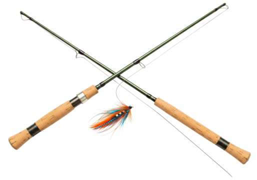 Isolated fly-fishing rods crossed, showcasing fly lure, for angling adventure themes in fishing