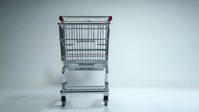 スタジオで銀色のショッピングカートを白背景で撮影、日中、人物なし