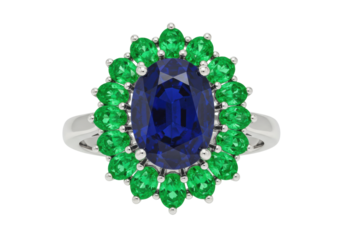 Isolated blue sapphire, green emerald gemstone ring on silver band for luxury jewelry gift