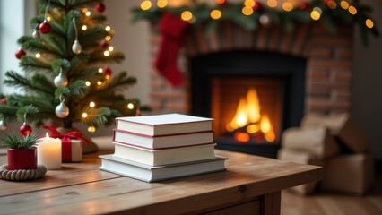 Christmas banner mockup with stacked vintage books as gifts on wooden table, blurred background with Christmas tree and fireplace, warm lighting, cozy festive atmosphere, empty scene for bookstore
