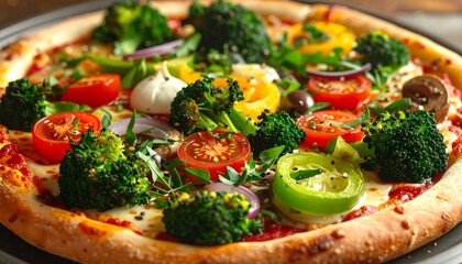 Close up of a veggie pizza with tomatoes, onions, garlic, cheese, and green broccoli on a lightly browned crust
