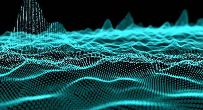 A digital landscape of a turquoise wireframe grid with a wave like structure. Abstract technology background for data, networks, or virtual reality.