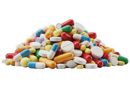 Pile of colorful pharmaceutical pills and capsules  isolated on transparent background