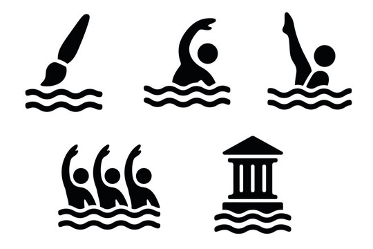 Swimming activities and art symbols: minimalist black icons collection