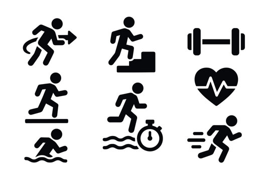Fitness icons: cardio, running, swimming, and exercise symbols in black