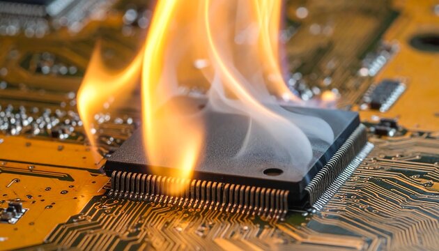 Burning microchip on yellow circuit board with bright orange flames - Powered by Adobe