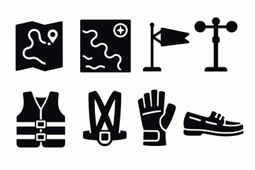 Obraz premium Outdoor adventure icons: navigation, safety gear, and weather indicators in silhouette style