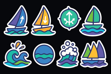 Colorful nautical stickers collection featuring sailboats and waves on black