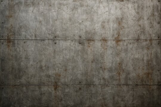 Grungy scratched metal wall texture with rivets and rust stains in dark industrial style on a seamless background. Ai generative. Ai generative