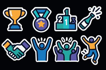 Vibrant celebration icons featuring trophies, medals, and joyful figures