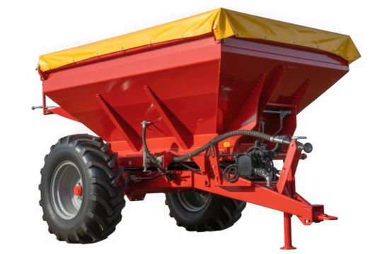 Red farm fertilizer spreader trailer with yellow tarp cover isolated on transparent background
