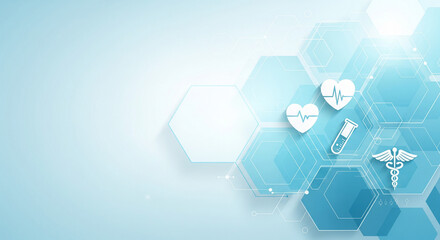 Medical Icons and Hexagonal Grid on Blue Background, Healthcare Technology Concept