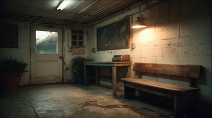 Dimly lit basement room with bench and old radio on workbench
