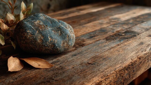 Rustic wooden table with stone and dried leaves in natural light setting - Powered by Adobe