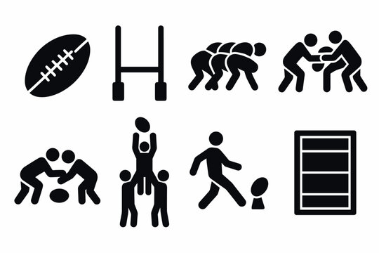 Rugby icon set: simplistic black silhouettes of players and equipment