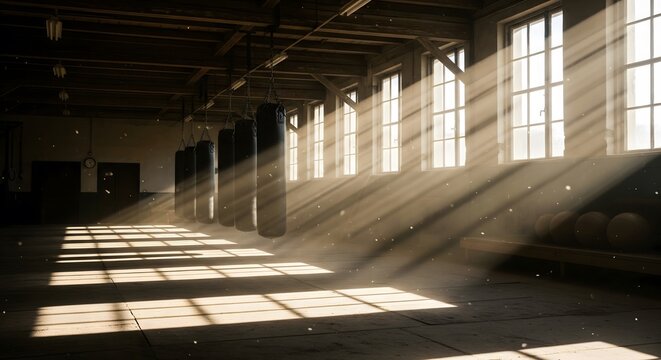 Sunbeams stream through the windows of a large, empty industrial warehouse or loft space. The light rays create a hopeful and atmospheric mood.