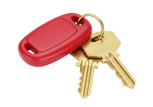 Isolated set of keys with a red fob against a neutral background, ready for editing