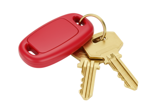 Isolated set of keys with a red fob against a neutral background, ready for editing
