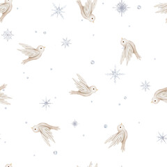 Watercolor repeat seamless pattern with illustration of a flying birds of peace with spread wing and snowflakes. Hand-drawn Bird design symbol of peace for invitations in beige colors.