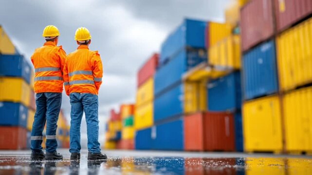Two construction workers wearing safety helmets and reflective vests inspecting stacked shipping containers at a busy port
