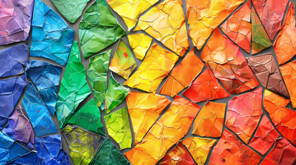 Crumpled vibrant paper mosaic forming a striking rainbow abstract background