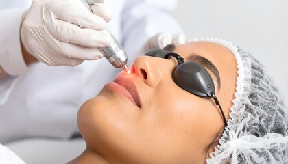 Naklejka premium Woman receiving laser facial treatment on nose with protective eye shields, cosmetic dermatology close-up