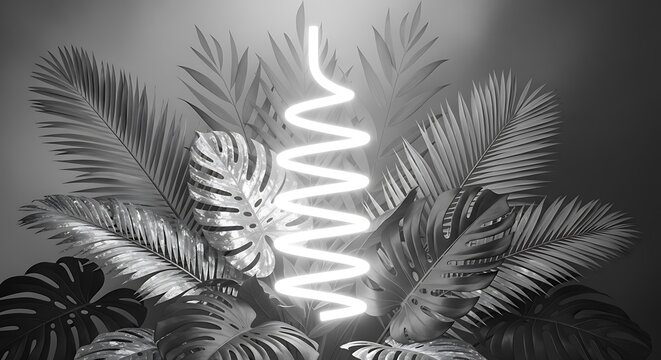 Neon spiral with tropical leaves in black and white for a futuristic concept - Powered by Adobe
