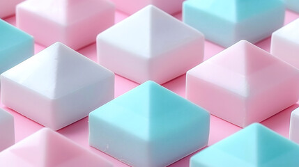 Pastel geometric shapes creating abstract pyramid pattern on pink background
