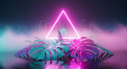 Vibrant neon triangle and tropical leaves against a futuristic cityscape backdrop