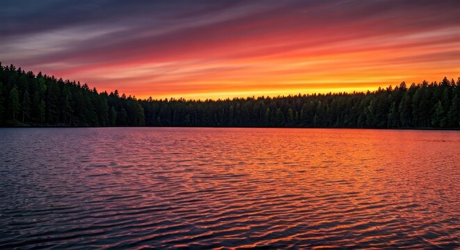 A serene lake mirrors a vibrant sunset behind a forest, creating a tranquil waterscape