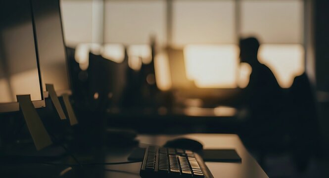Dimly lit office workstation with keyboard,sticky notes on monitor,and silhouetted worker by sunlit window. - Powered by Adobe